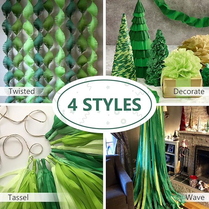 PartyWoo Crepe Paper Streamers 4 Rolls 328ft, Shades of Green for Party, Wedding, Birthday & Baby Shower Decorations (1.8 Inch x 82 Ft/Roll)