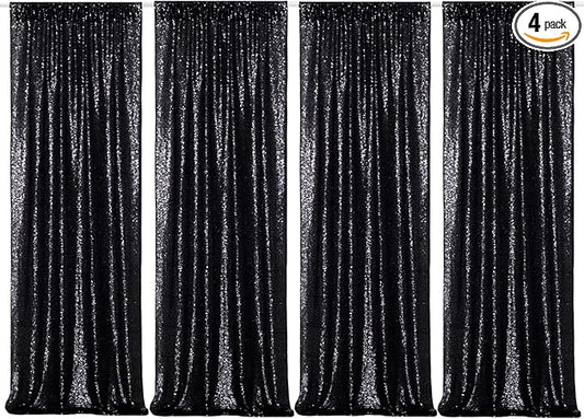 Poise3EHome Black Sequin Backdrop Curtains,4 Panels 2FTx8FT Glitter Background for Halloween Birthday Party Wedding Christmas Thanksgiving Holiday Festival Decor