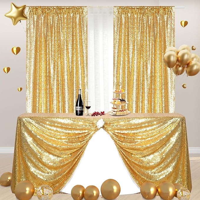 Poise3EHome Gold Sequin Backdrop Curtains, 2 Panels Gold Sequin Backdrop, 2FTx8FT Sequin Curtains for Party Wedding Sequence Backdrop