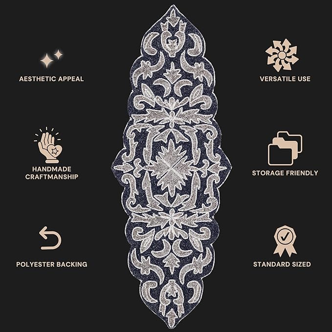 Decorative Beaded Table Runner - 36" Glass Beads & Polyester Table Runner Ideal for Dining, Décor, Luxury Table Centerpiece for Weddings, Holidays & Modern Home Accents (Blue Silver) - CLEENTABLE