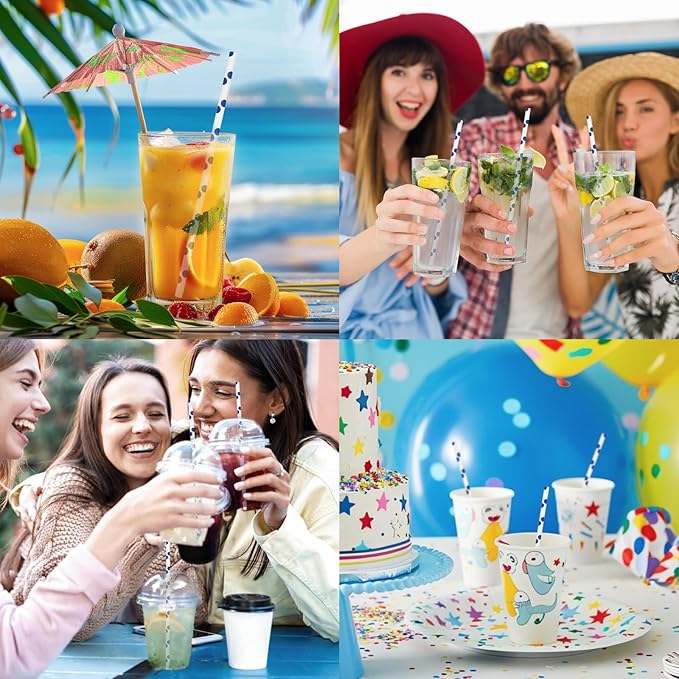 100 Counts Blue Polka Dots Paper Disposable Drinking Straws 7.75 inch, 0.24" Dia. - for Cocktail, Juice, Bar, Restaurant