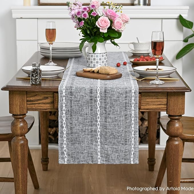 Artoid Mode Dark Grey Rustic Cotton Linen Table Runner, Seasonal Embroidered Hollow Kitchen Dining Table Decoration for Home Party Decor 13x36 Inch