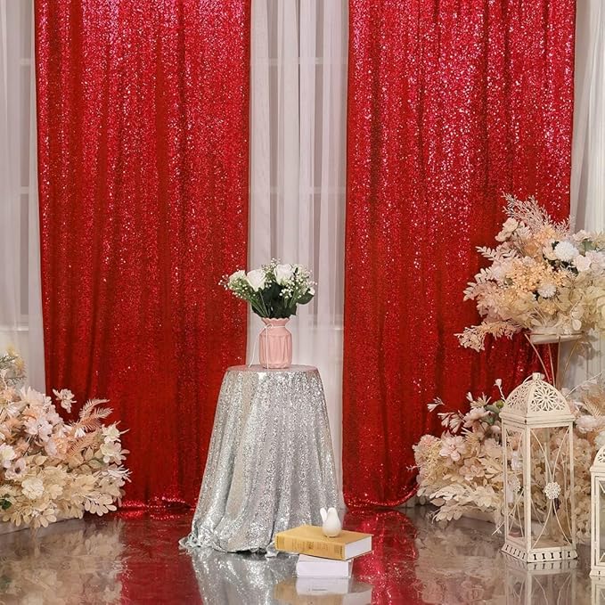 Poise3EHome Red Sequin Backdrop Curtain,2 PCS 5FT x 10FT Glitter Panels for Birthday Party Baby Shower Wedding Christmas Thanksgiving Holiday Festival Decor
