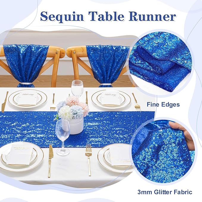 Sequin Table Runners 2 Pieces Royal Blue Table Runners 12x72 Inch Glitter Dining Table Cover for Party Wedding Birthday Reception Banquet Decoration Spring Party Chair Sashes