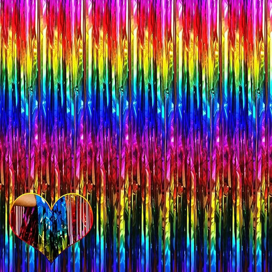 4 Pack Rainbow Fringe Curtain Backdrop, 3.2Ft x 6.6Ft Colorful Metallic Tinsel Foil Fringe Streamers for Photo Booth Birthday Wedding Baby Shower Carnival Easter Mother’s Day Party Decorations