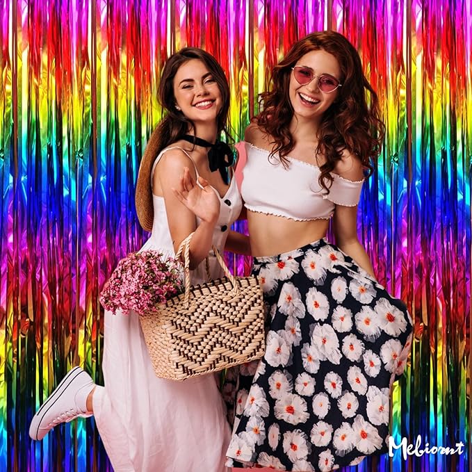 4 Pack Rainbow Fringe Curtain Backdrop, 3.2Ft x 6.6Ft Colorful Metallic Tinsel Foil Fringe Streamers for Photo Booth Birthday Wedding Baby Shower Carnival Easter Mother’s Day Party Decorations