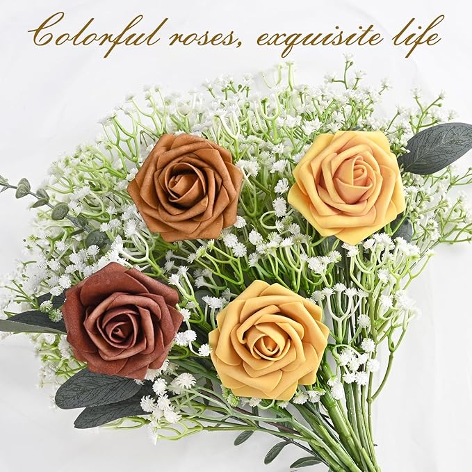 BLEUM CADE 36Pcs Artificial Flowers Fake Roses with Stems, Gradient Burnt Orange Boxed Foam Roses for DIY Bouquets Centerpieces Wedding Party Arrangement Bridal Shower Decor