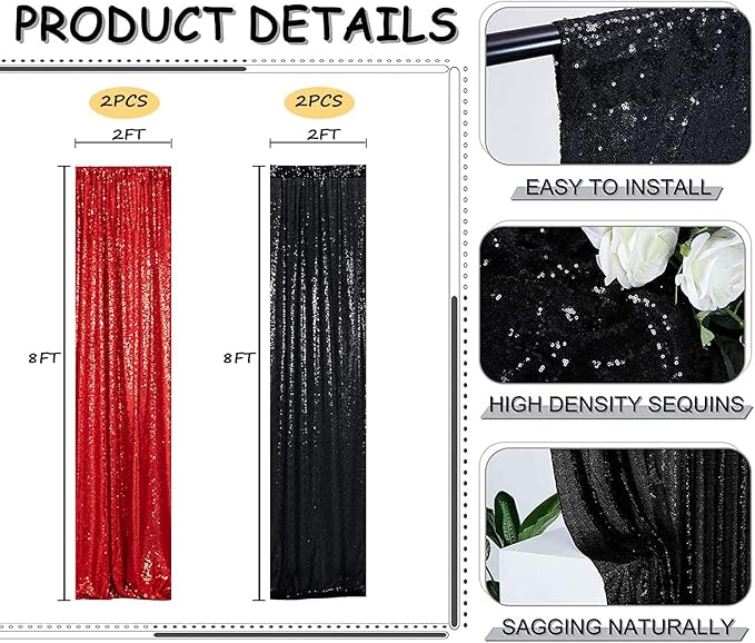 Sequin Backdrop Curtain 4 Panels 2FTx8FT Glitter Background Drapes Black and Red Sparkle Photography Backdrop for Party Wedding Birthday Wall Decoration