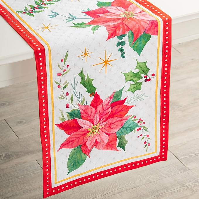 Maison d' Hermine Table Runner 100% Cotton Single Layer Table Runners 108 inches Long for Thanksgiving Christmas Decorations Home Kitchen Dining Party Wedding (Poinsettia Christmas, 14.5" x 108")