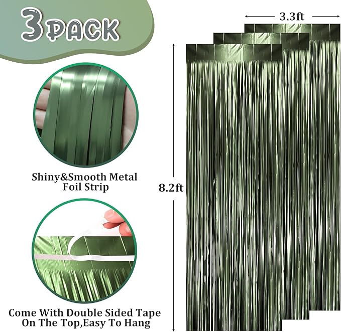 3 Pack 3.3 x 8.2 ft Matte Green Foil Fringe Backdrop Curtains, Tinsel Streamers Party Decorations, Fringe Backdrop, Door Shimmer for Graduation, Birthday Party