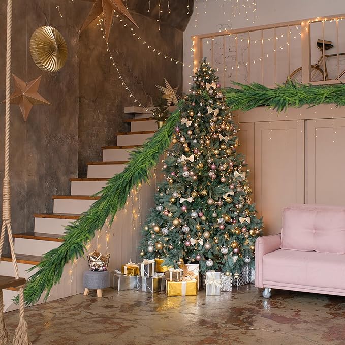 1 Pcs Artificial Norfolk Pine Garlands Christmas, 15 FT Dense Real Touch Winter Pine Garland Ornament, Green Artificial Greenery Garland for Table, Mantle, Wall, Indoor, Outdoor Christmas Decorations