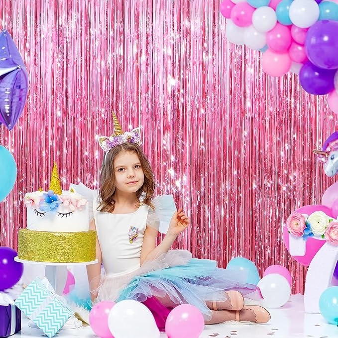 2 Pack Pink Metallic Tinsel Foil Fringe Curtains, Door Streamers Photo Booth Backdrop for Birthday Party, Tinsel Curtain Backdrop for Baby Shower Bachelorette Christmas Party Decorations