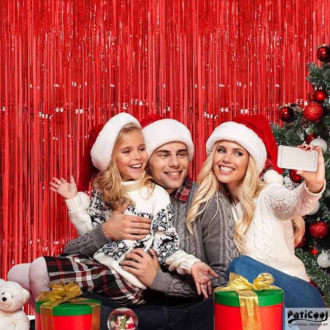Christmas Decorations Red Streamers - Thicken 4 Pack 3.2 x 8.2 FT - Red Tinsel Foil Fringe Curtains Party Backdrop for Birthday, Casino, Carnival, Cherry, Hollywood Red Carpet Party Decorations