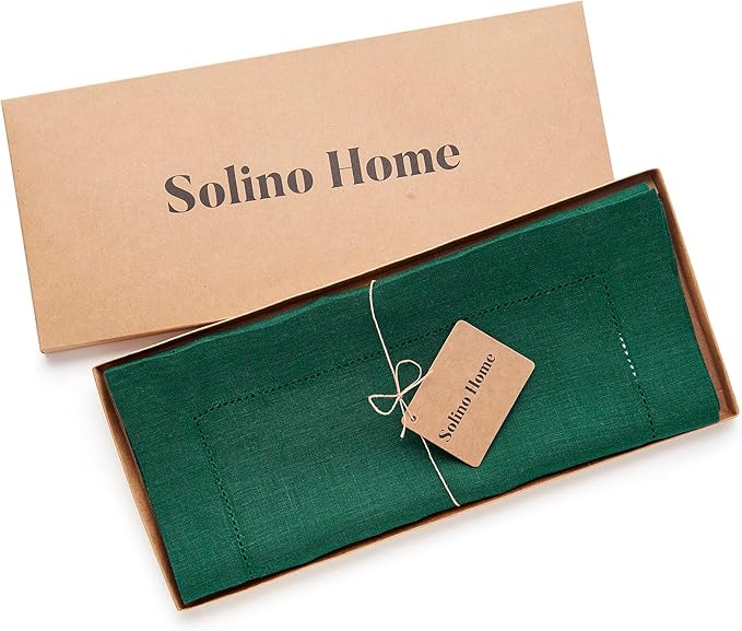 Solino Home Linen Table Runner 108 Inches Long - 100% Pure Linen Rainforest Green Table Runner 14 x 108 Inch for Fall, Autumn, Thanksgiving, Christmas - Classic Hemstitch