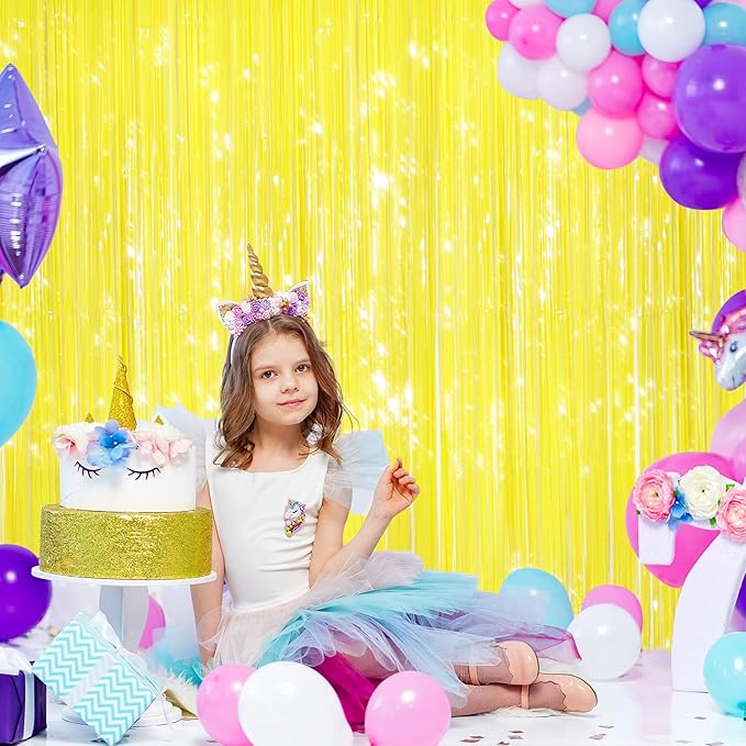 2 Pack Yellow Metallic Tinsel Foil Fringe Curtains, Door Streamers Photo Booth Backdrop for Birthday Party, Tinsel Curtain Backdrop for Baby Shower Bachelorette Christmas Party Decorations