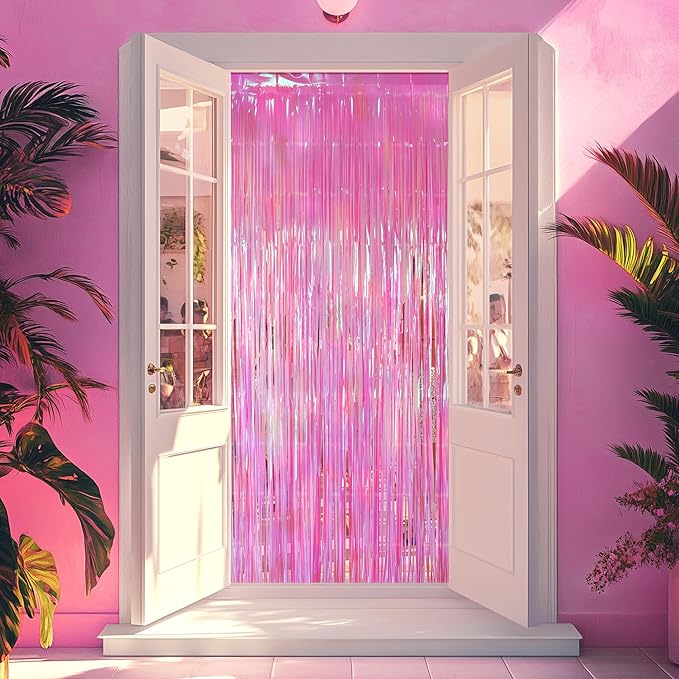 2 Pack Hot Pink Iridescent Streamers Backdrop, 3.3x6.6ft Foil Fringe Curtains Holographic Door Tinsel Streamers Photo Booth Prop for Birthday, Wedding, Holiday, Bachelorette, Theme Party Decorations