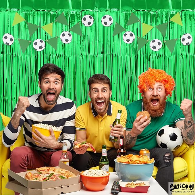 Green Streamers - Thicken 2 Pack 3.2 x 8.2 FT - Tinsel Foil Fringe Curtains Party Backdrop for Birthday, Dinosaur, Jungle, Football, Golf Party Decorations