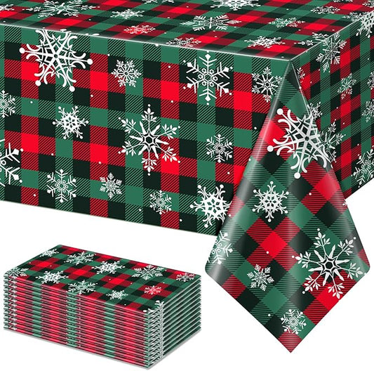 12Pcs Christmas Buffalo Plaid Snowflake Party Tablecloths Decorations,Plastic Red and Green Checkered Rectangle Table Cover for Winter Christmas New Year Birthday Holiday Party Decorations,54x108 inch