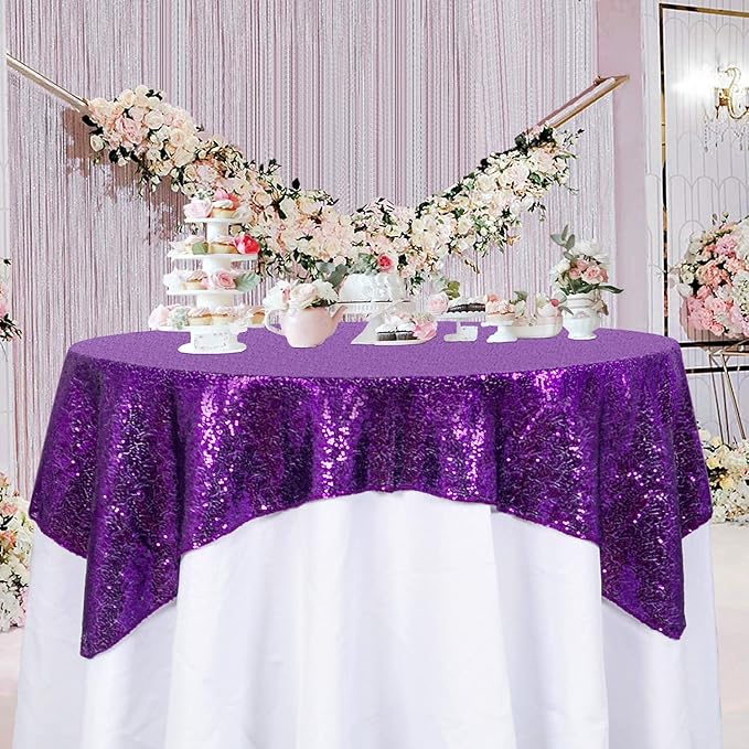 ShinyBeauty Sequin Tablecloth - Square 54x54-Inch Purple Glitter Tablecloth for Round Table - Wedding & Party