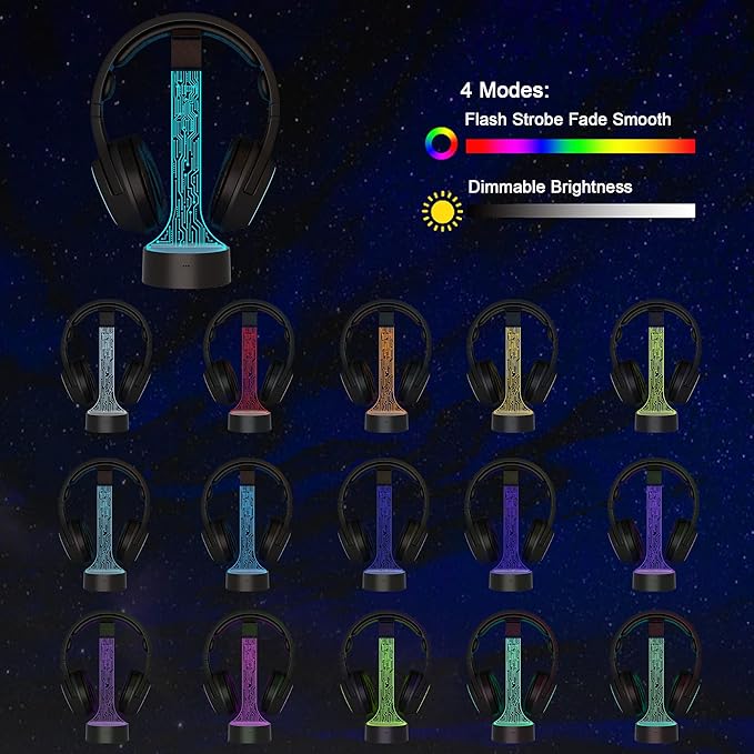 Light up Headphone Stand for Desk, Gaming Headset Holder RGB with 16 Color Lights for Game Room Decor, Cool Gamer Gifts for Men Boyfriend （PCB）