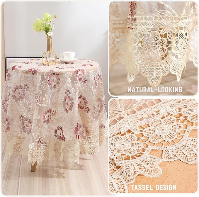 Lace Floral Tablecloth Round Lace Vintage Decorative Exquisite Border Table Cover for Party Wedding Home Decorations, Round-48, Red