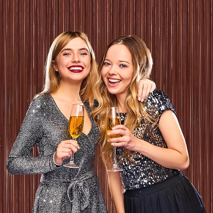 2 Pack Coffee Brown Metallic Tinsel Foil Fringe Curtains, Door Streamers Photo Booth Backdrop for Birthday Party, Tinsel Curtain Backdrop for Baby Shower Bachelorette Christmas Party Decorations