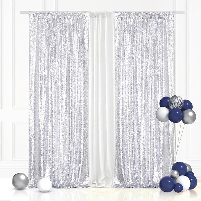 Eternal Beauty Silver Sequin Backdrop Curtains, Shimmer Back Drop 2Panels-2FTx8FT for Christmas, Party, Birthday, Photography, Wedding, Baby Shower Event Decoration