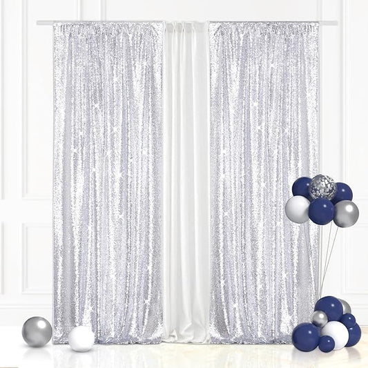 Eternal Beauty Silver Sequin Backdrop Curtains, Shimmer Back Drop 2Panels-2FTx8FT for Christmas, Party, Birthday, Photography, Wedding, Baby Shower Event Decoration