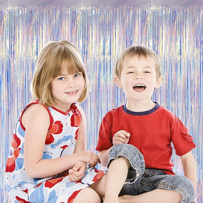 Iridescent Party Backdrop 3Packs Transparent Tinsel Foil Fringe Curtain for Frozen Mermaid Sea Birthday Party Decorations, 3.3x8.2ft Streamers Backdrops