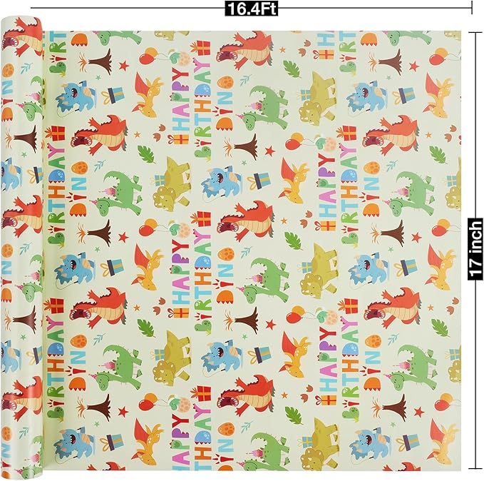 Aimyoo Dinosaur Birthday Wrapping Paper Roll - 17 Inch X 16.4 Feet - Green Happy Birthday Dino Pattern Gift Wrap Paper for Boys Party, Baby Shower, Holiday