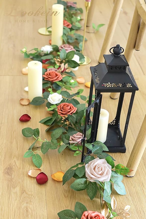 Lookein 5FT Artificial Rose Flower Garland for Table Centerpieces Backdrop Arch Flowers Decorations Wedding Ceremony Reception Table Decor, Terracotta