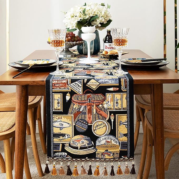 13×72 Inch Table Runner, Retro-Luxury Tassels Series for Kitchen Dining Table Holiday Decoration (Yankee Style)