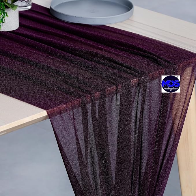 MDS Halloween Chiffon Table Runner - 15 Pack, 29 x 120 Inches, 10ft Each - Sheer Spooky Table Runners for Haunted House Parties, Trick-or-Treat Tables, Witchy Décor, Wedding & Events - Eggplant