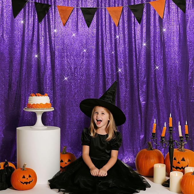 SquarePie Sequin Backdrop Less Transparent Background Sparkly Curtain for Wedding Halloween Party 10FT x 10FT Purple