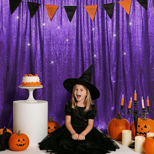 SquarePie Sequin Backdrop Less Transparent Background Sparkly Curtain for Wedding Halloween Party 8FT x 8FT Purple