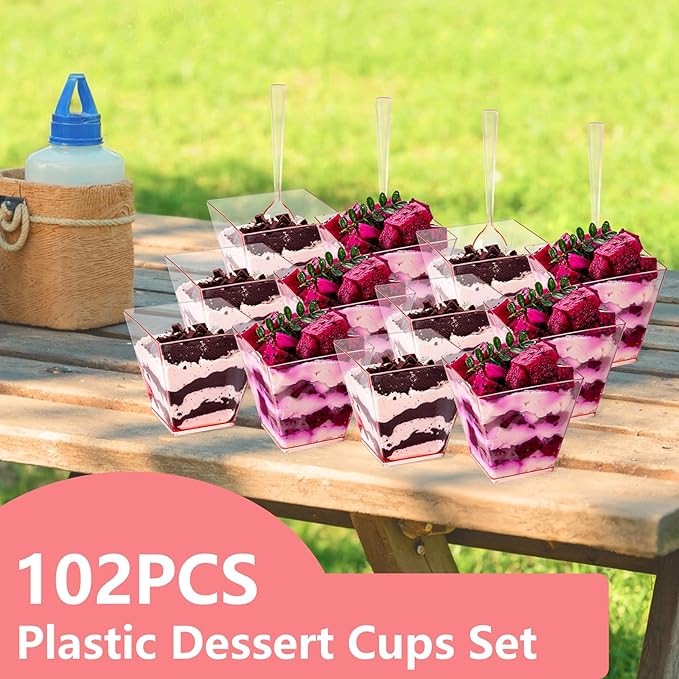 YOUBET 102 PCS Plastic Dessert Cups - 8oz Pink Clear Square Cups - 51 Pack Mini Appetizer Cup with Pink Tasting Spoons for Pudding, Fruit, Yogurt Parfait and Ice Cream