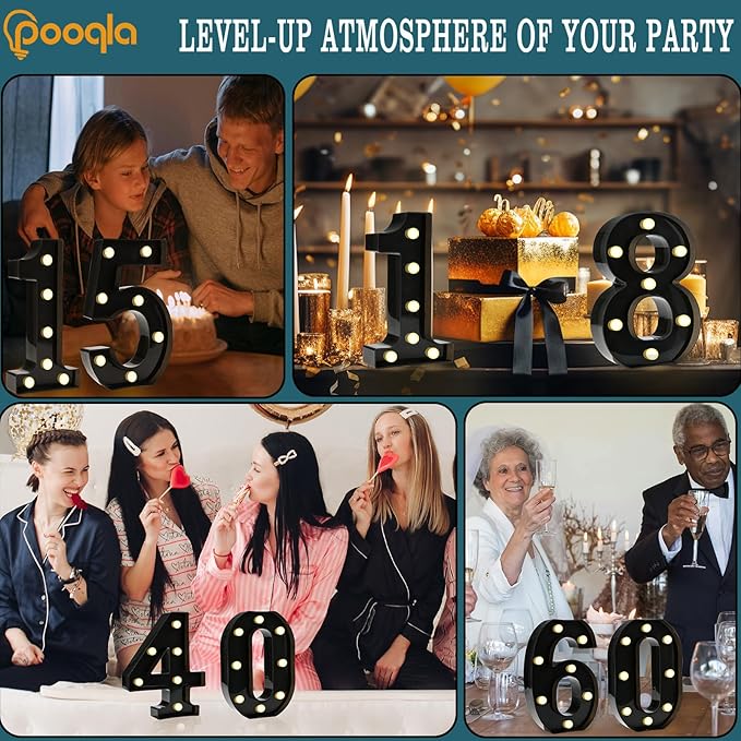 Pooqla Decorative Led Light Up Number Letters, Black Plastic Marquee Number Lights Sign for 50th Birthday Party Wedding Decor Battery Operated Black Decoration 50