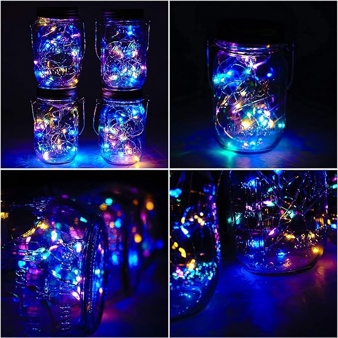 Solar Mason Jar Lid String Lights, 8 Pack 20 Led String Fairy Star Firefly Jar Lids Lights with 8 Hangers Included, for Patio Garden Wedding Lantern (Multi-Colored)