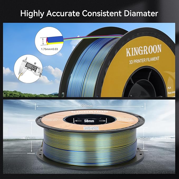 Kingroon Silk PLA Triple Color,3D Printer Filament,Pla Filament 1.75mm,Multicolor Filament 1KG,Dimensional Accuracy +/- 0.03mm,for Most FDM 3D Printer,Red Yellow Blue