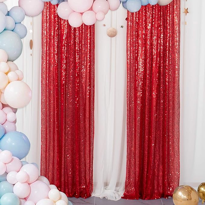 ShinyBeauty 4 Panels Sequin Photo Backdrop 2FTx8FT Red & Silver Curtains Sparkle Background for Birthday, Wedding, Party, Christmas Decorations