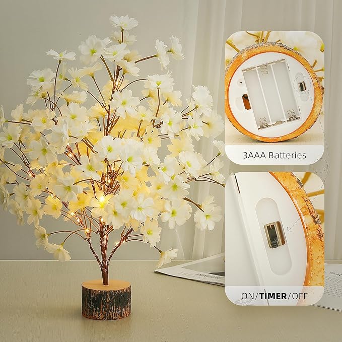 19Inch Cherry Blossom Tree Light, Lighted Artificial Tree with White Silk Flowers, Battery Operated Lamp with Timer for Summer Wedding Decorations,49 Fairy LEDs