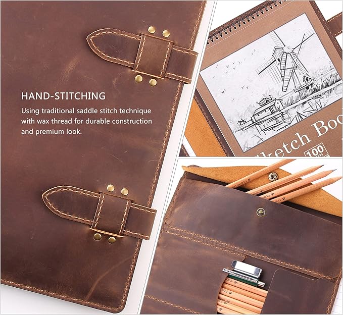Robrasim Handmade Leather Sketchbook Cover, Artist Sketch Pad Holder for 9"X12" Top Spiral Bound Sketchbook, Drawing Book Pencil Case, Journal Portfolio with Shoulder Strap, Artist Gifts,Brown