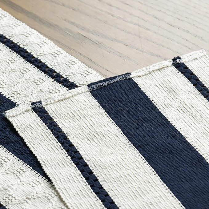 Artoid Mode Dark Blue Farmhouse Woven Rustic Table Runner, Seasonal Holiday Hollow Kitchen Dining Table Decoration for Home Party Decor 12x36 Inch