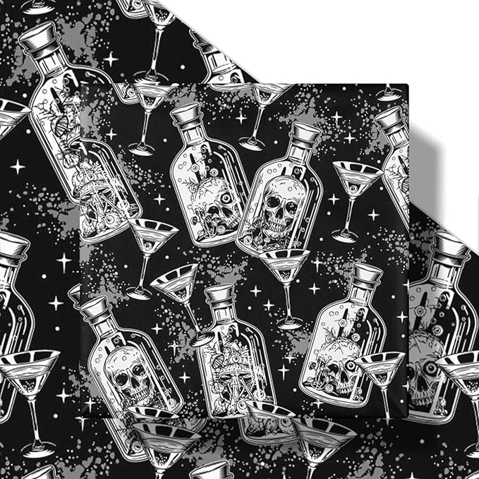 LeZakaa Halloween Wrapping Paper Roll, Gothic Skull-in-Bottle and Eye Cocktail Glass in Black, Spooky Gift Wrap for Horror Lovers, Goth Style Party, Trick or Treat, Mini Roll 17 In x 16.4 Feet