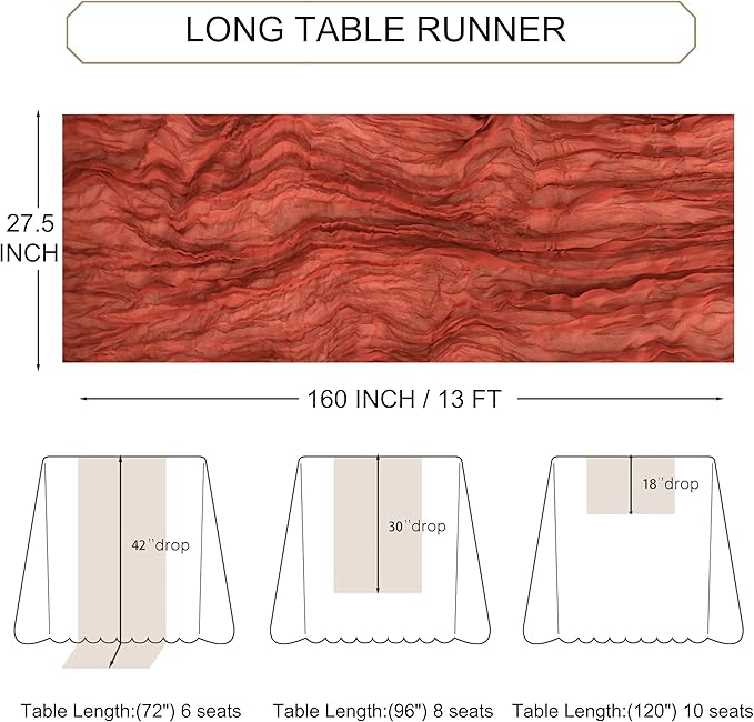 Snowkingdom 6PCS 13Ft Terracotta Cheesecloth Table Runner Bulk, 160inch Long Rust Cheese Cloth Boho Gauze Runner for Wedding Bridal Shower Rustic Sheer Fall Thanksgiving Table Decorations