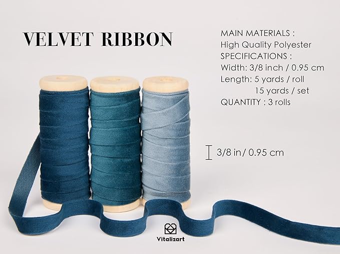 Vitalizart Blue Velvet Ribbon Set 3/8" x 15 Yd Fabric Trim Royal & Dusty Blue 3 Rolls * 5 Yd for Christmas Wreath Decoration Handmade Craft Ornaments Gift Wrapping & Bow Making