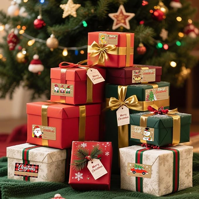 500 PCS Vintage Christmas Gift Tags,Christmas Name Tags Stickers Roll, Self-Adhesive Christmas Labels for Presents Boxes, Gift Bags,Xmas Holiday Wrapping Paper Christmas Decorations