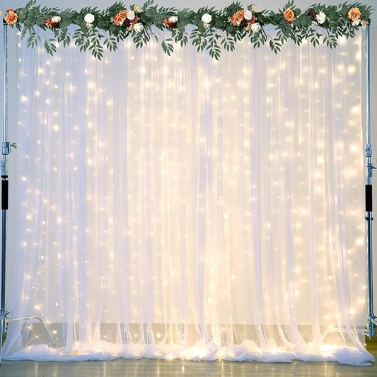 White Tulle Backdrop Curtain with Lights String for Parties Wedding Bridal Shower Sheer White Curtain Backdrop for Birthday Baby Shower Photo Booth Photography Background Decorations 20ft x 8ft