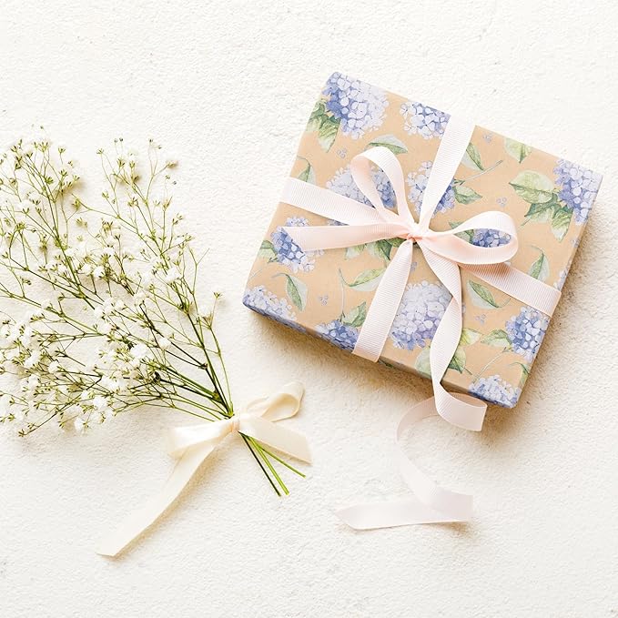 RUSPEPA 30" X 32.8' Hydrangea Wrapping Paper Large Kraft Paper Roll, Jumbo Roll, Purple Floral Kraft Gift Wrap for Women, Girl, Spring, Wedding and Mother's Day Celebration, 82 sq. ft