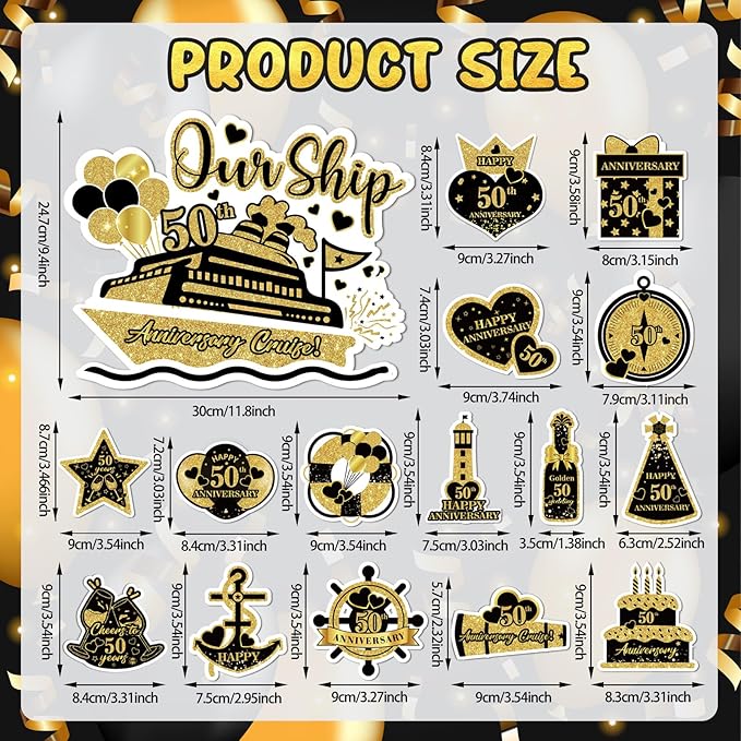 50th Anniversary Cruise Door Magnets Decorations, Gold Black Happy 50th Anniversary Cruise Ship Door Decor Magnetic for Married in 1975 Men Women Wedding Party Refrigerator Fridge Car Kitchen Garage